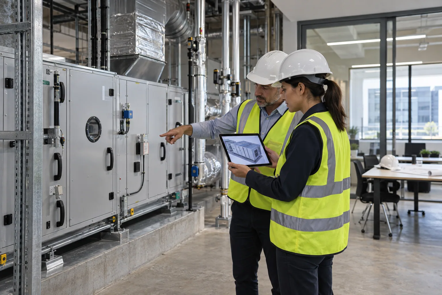 Construction and facilities managers checking installed equipment against digital BIM asset information
