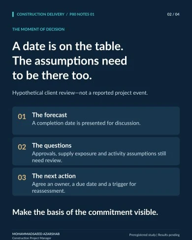 CONSTRUCTION DELIVERY / P80 NOTES 01 02 / 04 MOHAMMADSAEED AZARSHAB Construc on Project Manager Preregistered study | Results pending THE MOMENT OF DECISION A date is on the table. The assump0ons need to be there too. Hypothe cal client review—not a reported project event. 01 The forecast A comple on date is presented for discussion. 02 The ques0ons Approvals, supply exposure and ac vity assump ons s ll need review. 03 The next ac0on Agree an owner, a due date and a trigger for reassessment. Make the basis of the commitment visible.