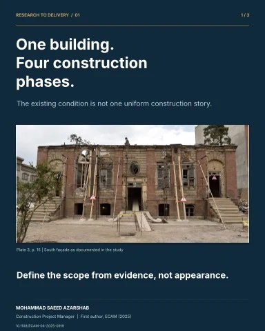 RESEARCH TO DELIVERY / 01 1 / 3 One building. Four construction phases. The existing condition is not one uniform construction story. Plate 3, p. 15 | South façade as documented in the study Define the scope from evidence, not appearance. MOHAMMAD SAEED AZARSHAB Construction Project Manager | First author, ECAM (2025) 10.1108/ECAM-06-2025-0919