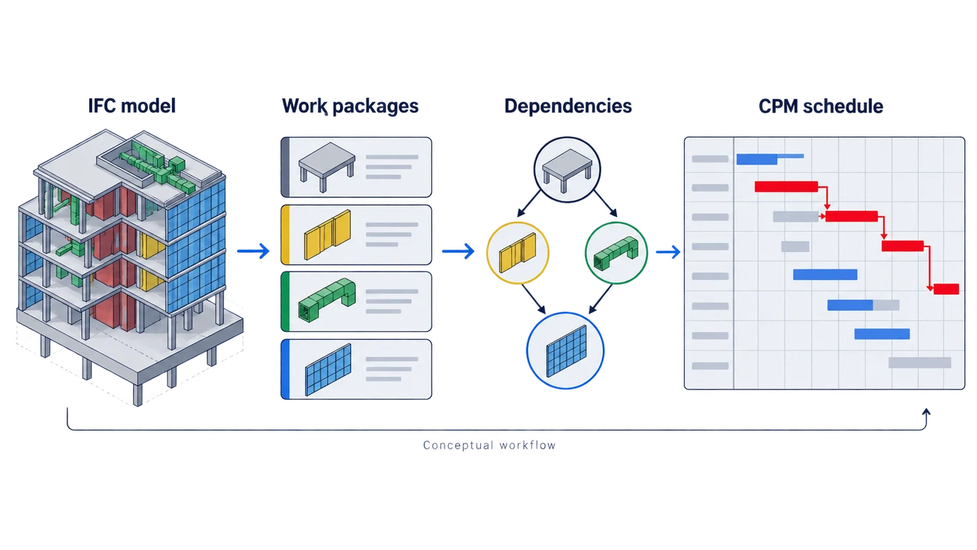 Conceptual IFC model to work packages, dependencies and CPM schedule workflow