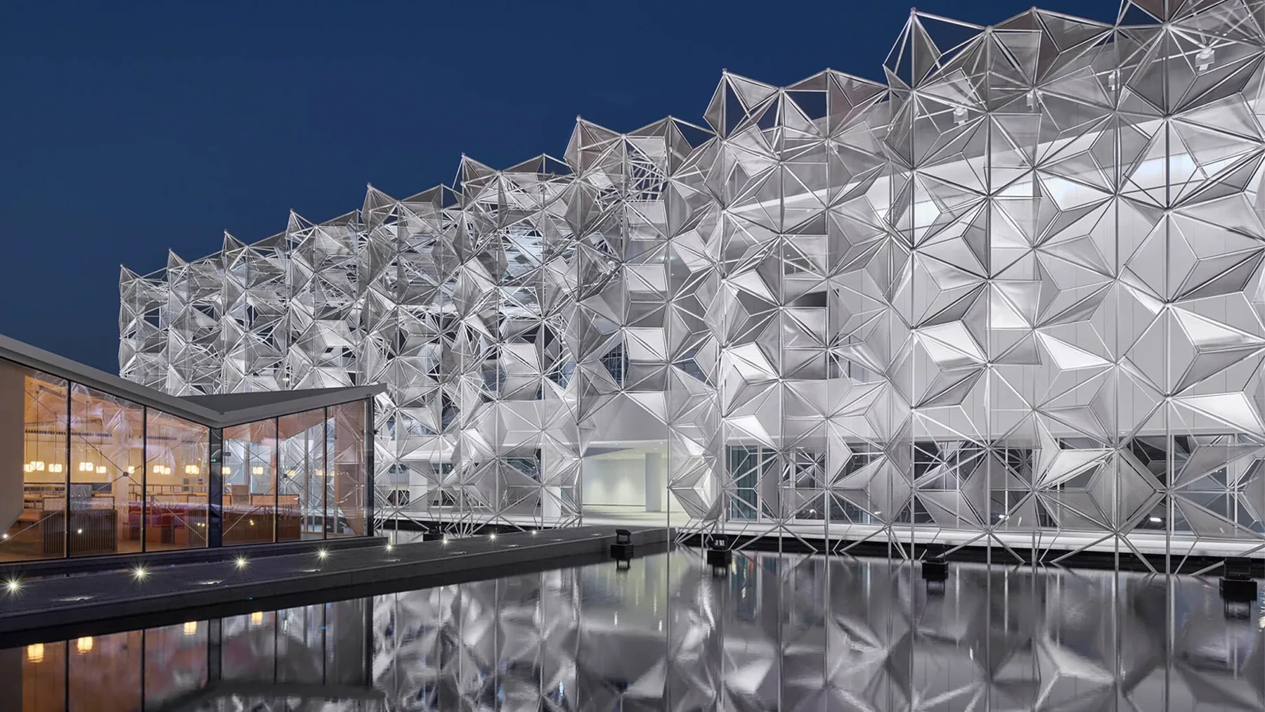 Japan pavilion: folded facade at night
