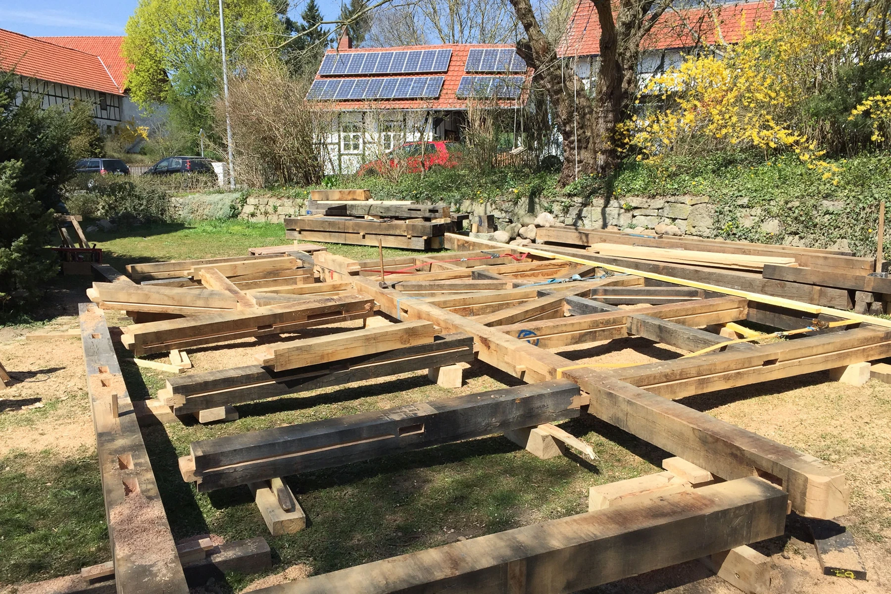 Timber components laid out during the repair process