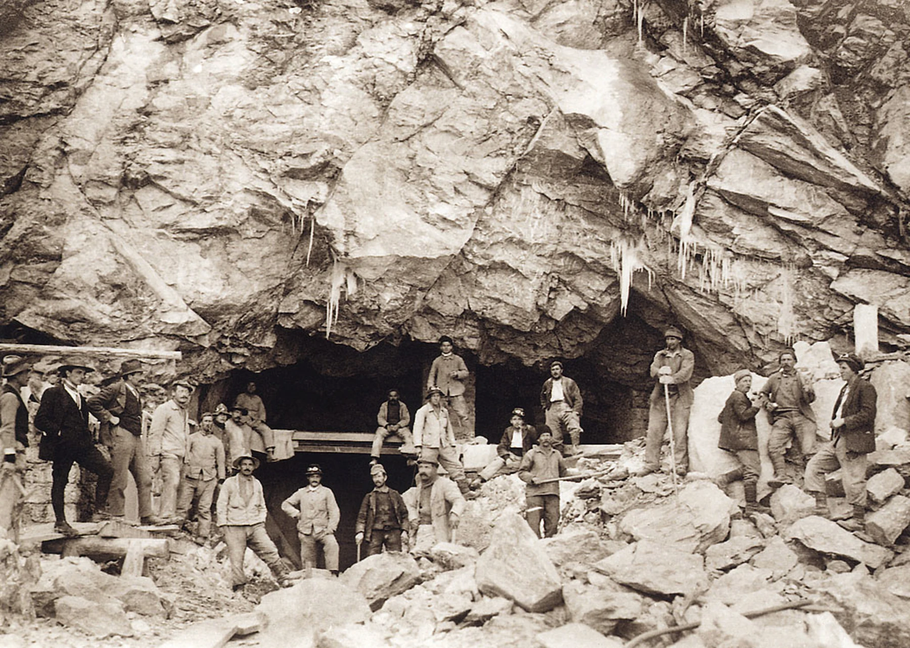 Railway workers at a rock excavation
